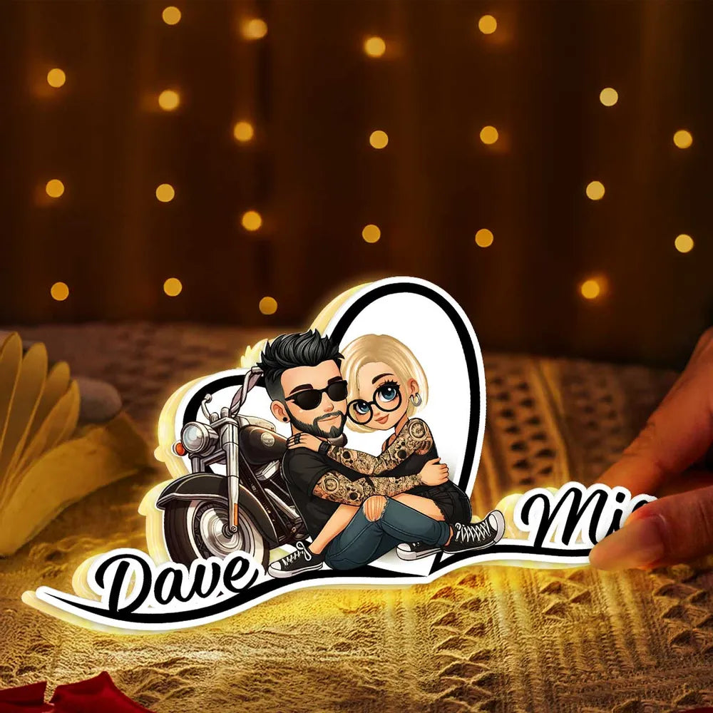 Personalized Acrylic Light Box Sunset Biker Couple Hugging by a Motorcycle Warm Glow Unique Gift for Couples