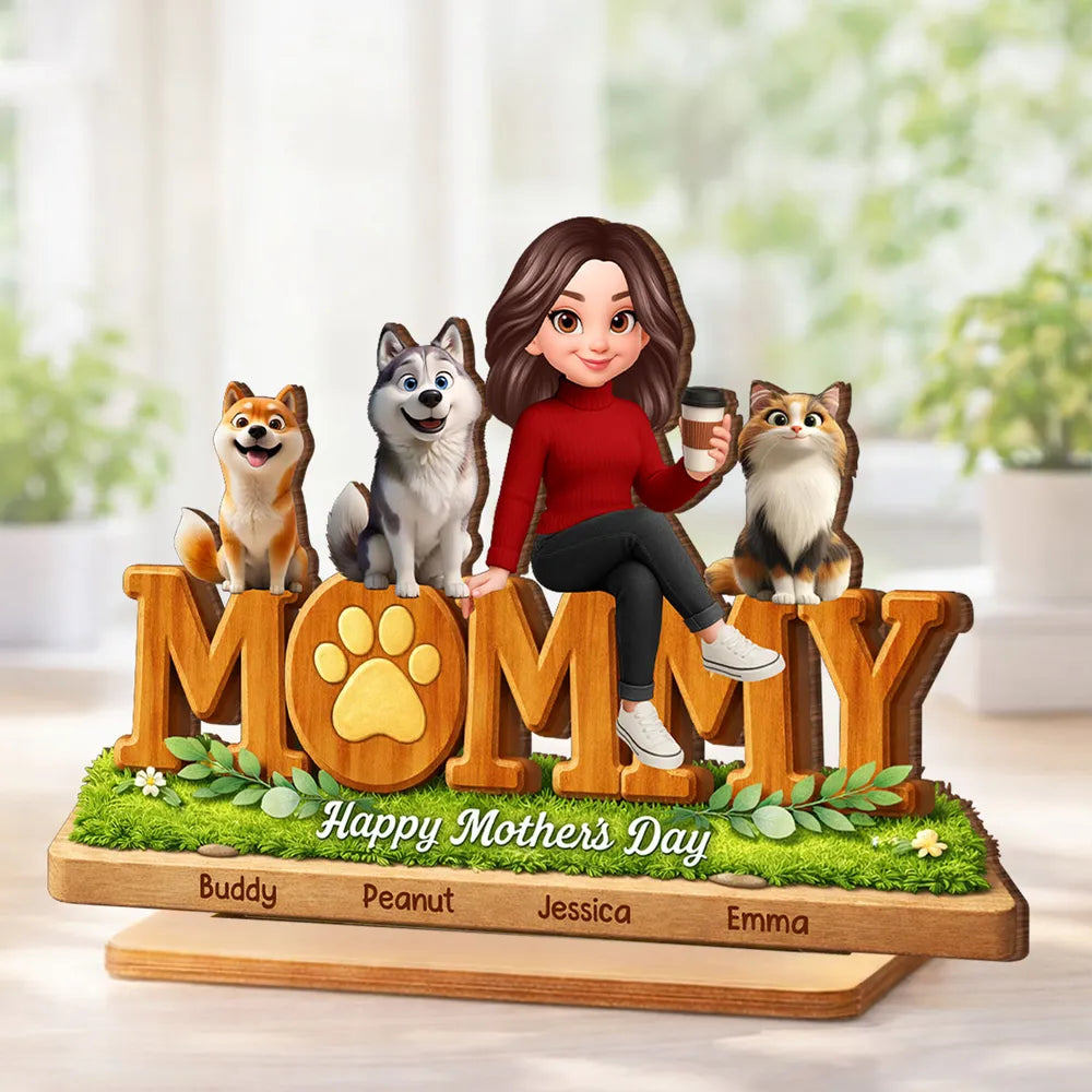 Personalized 2-Layer Wooden Plaque for Dog Mom and Cat Mom, Happy Mother's Day Mommy Design, Unique Gift for Her