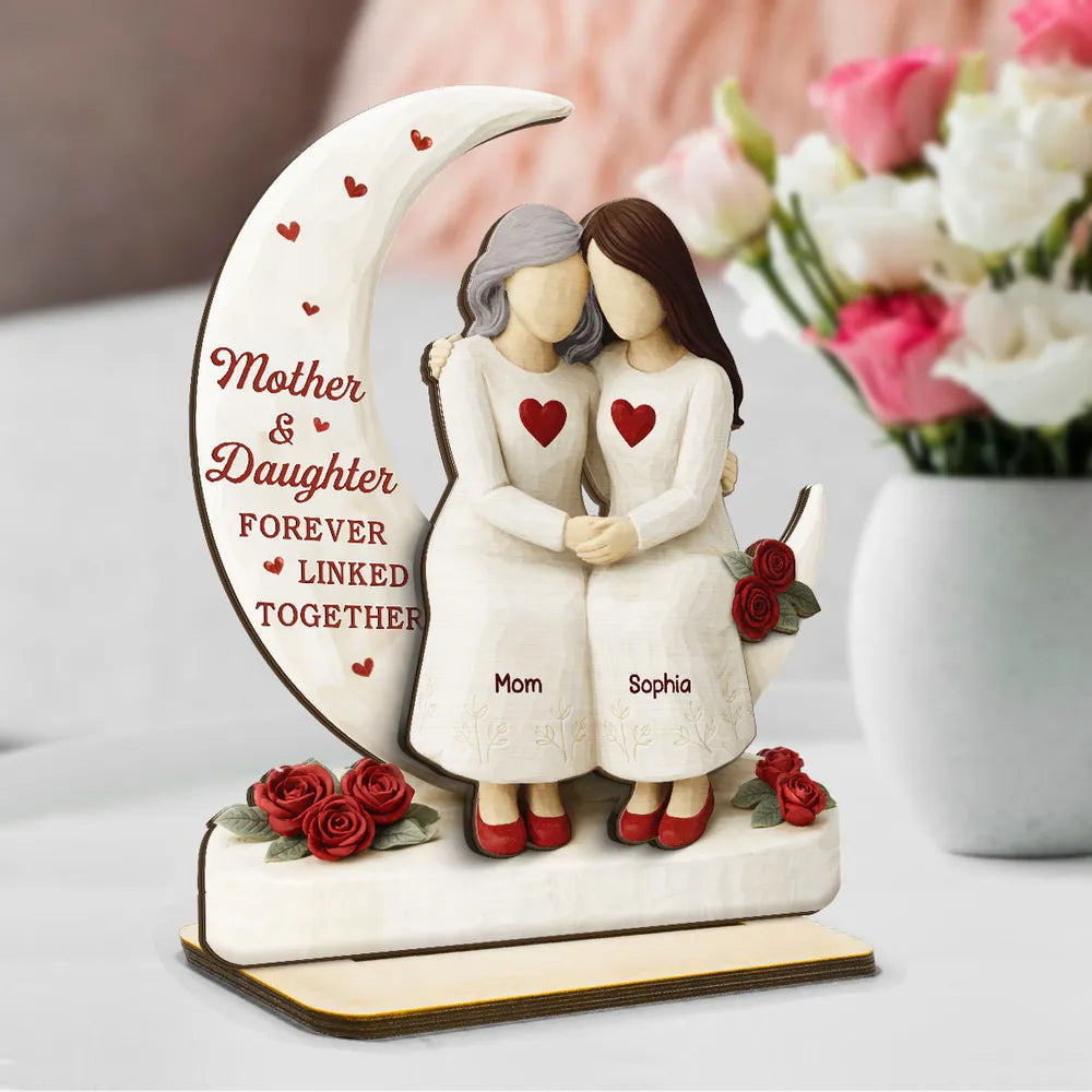 Personalized 2-Layer Wooden Plaque Mother & Daughter Forever Linked Together, Hugging Figurines with Roses, Unique Gift for Mom