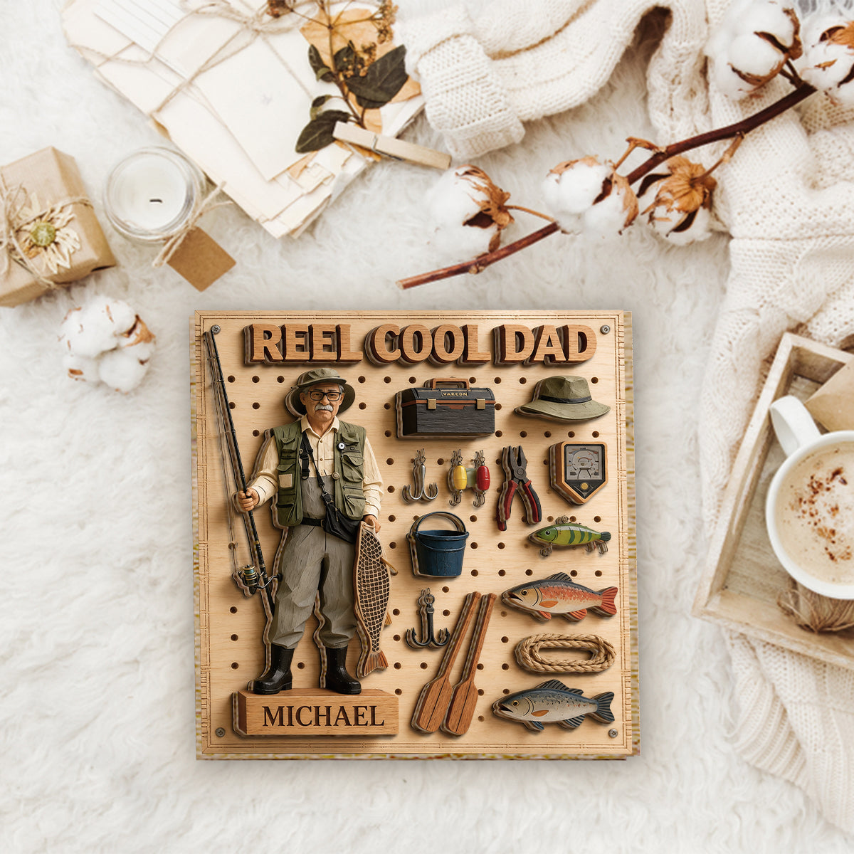 Dad Loves Fishing - Personalized Father 2 Layered Wood Sign / Wood Plaque