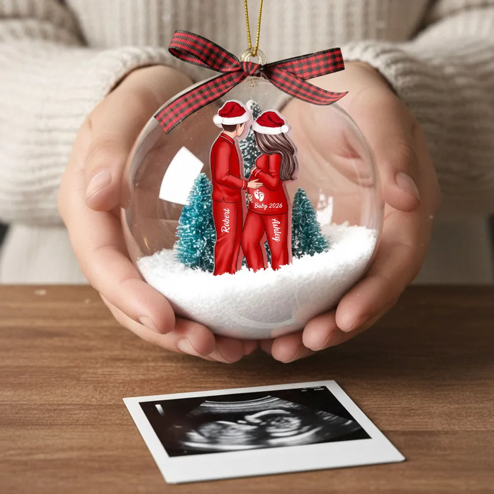 Acrylic Snow Globe Ornament Featuring Couple Expecting Baby, Christmas Tree Decor and Perfect Gift for New Parents