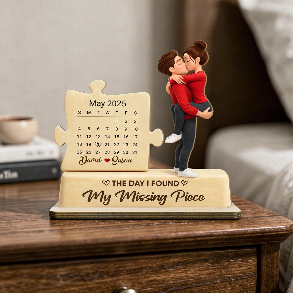 Personalized 2-Layer Wooden Plaque Couple Kissing with Calendar Puzzle - Unique Anniversary Gift for Him or Her