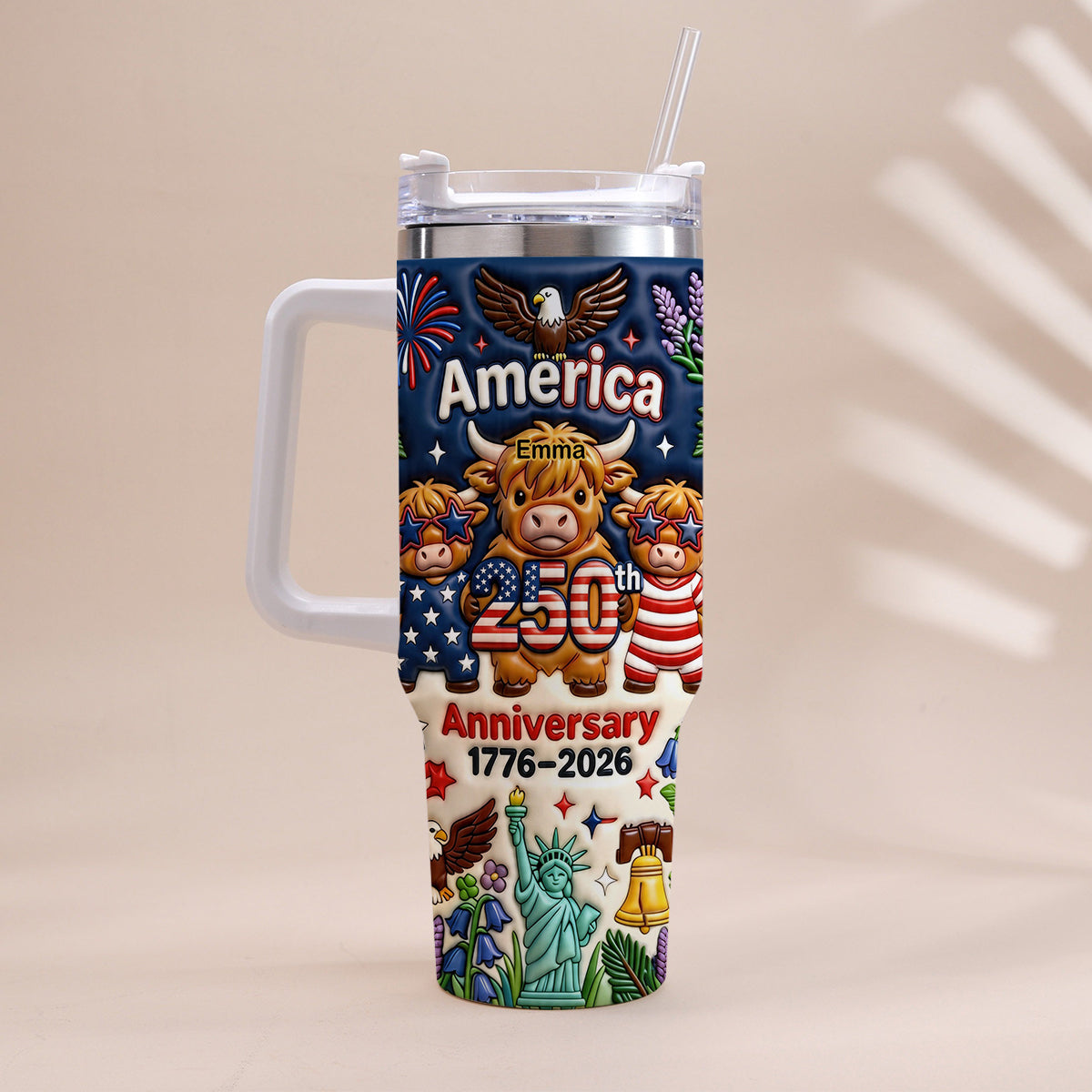 Cute Highland Cow America 250th Anniversary - Personalized Highland Cow Tumbler With Handle