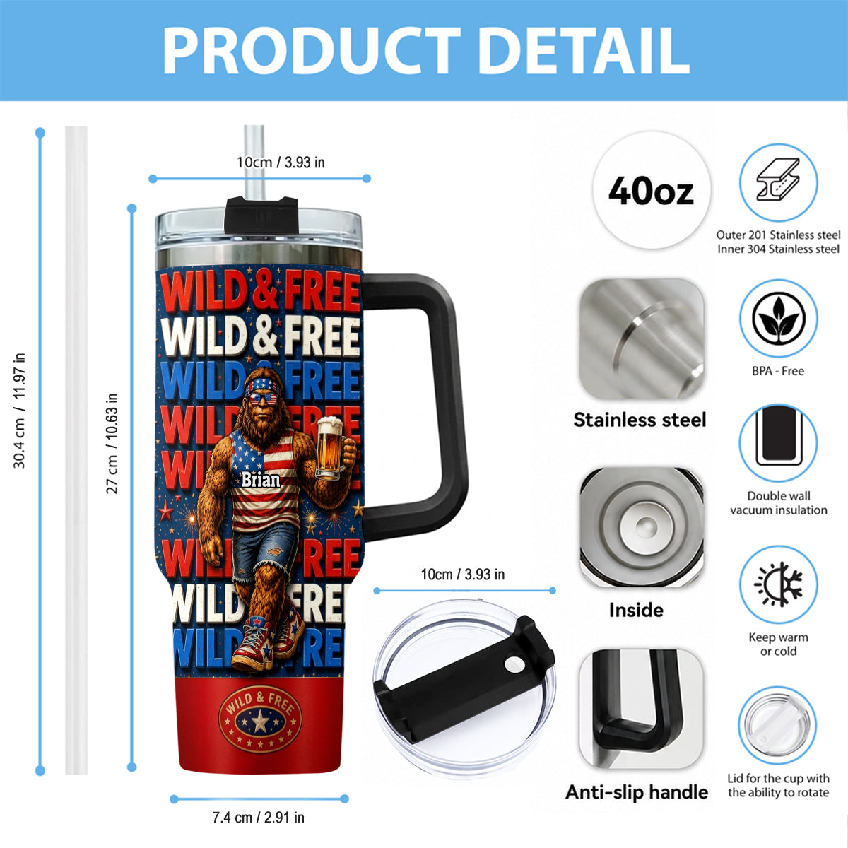 4th of July, Bigfoot Independence Day - Personalized Bigfoot Tumbler With Handle