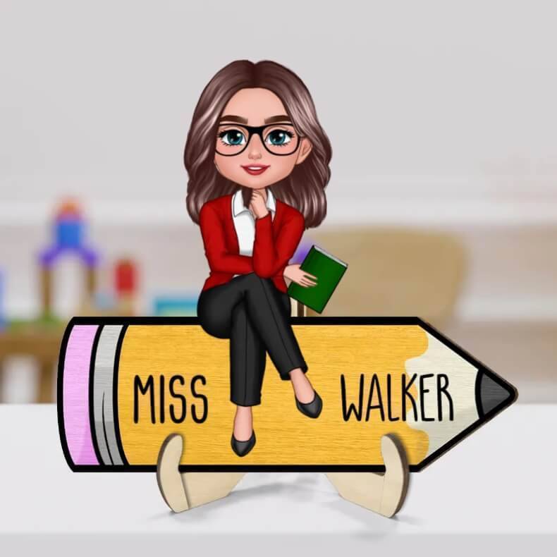 Doll Teacher Sitting On Pencil Personalized Wooden & Acrylic Plaque/Keychain - Back To School Gift For Teacher, Office Decor