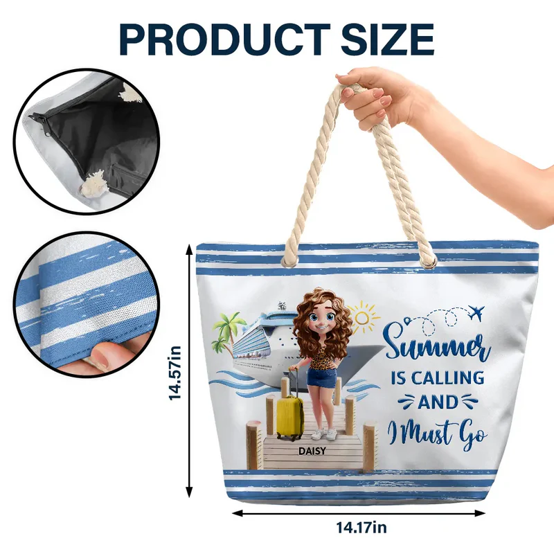 Personalized Rope Handle Canvas Bag Cruise Girl Beach Scene, Cute Cartoon Travel Gift for Cruise Lovers