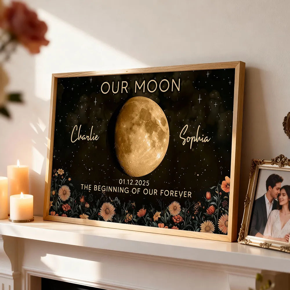 Personalized Moon Phase Poster Night Sky Floral Wall Art Unique Gift for Couple - Our Moon Keepsake Decor