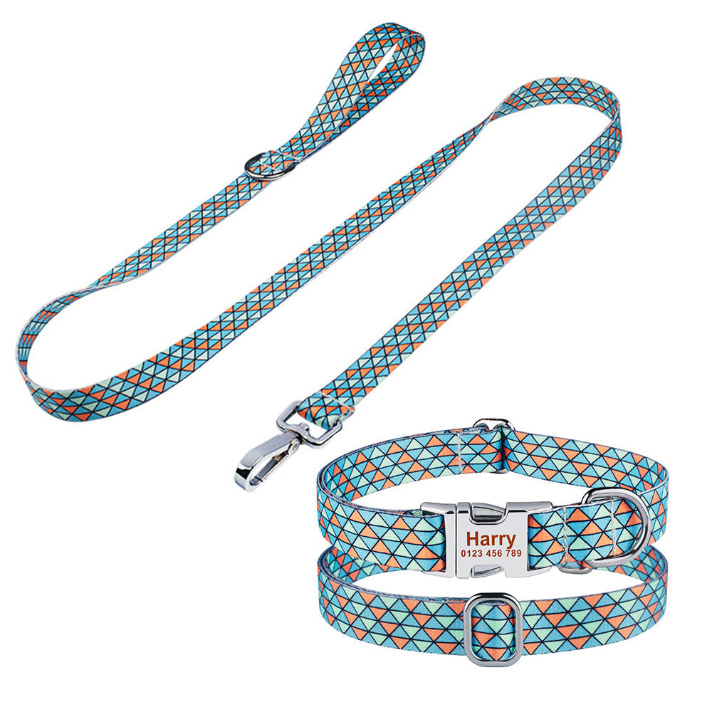 Personalized Text Engraved Dog Collar With Leash Set