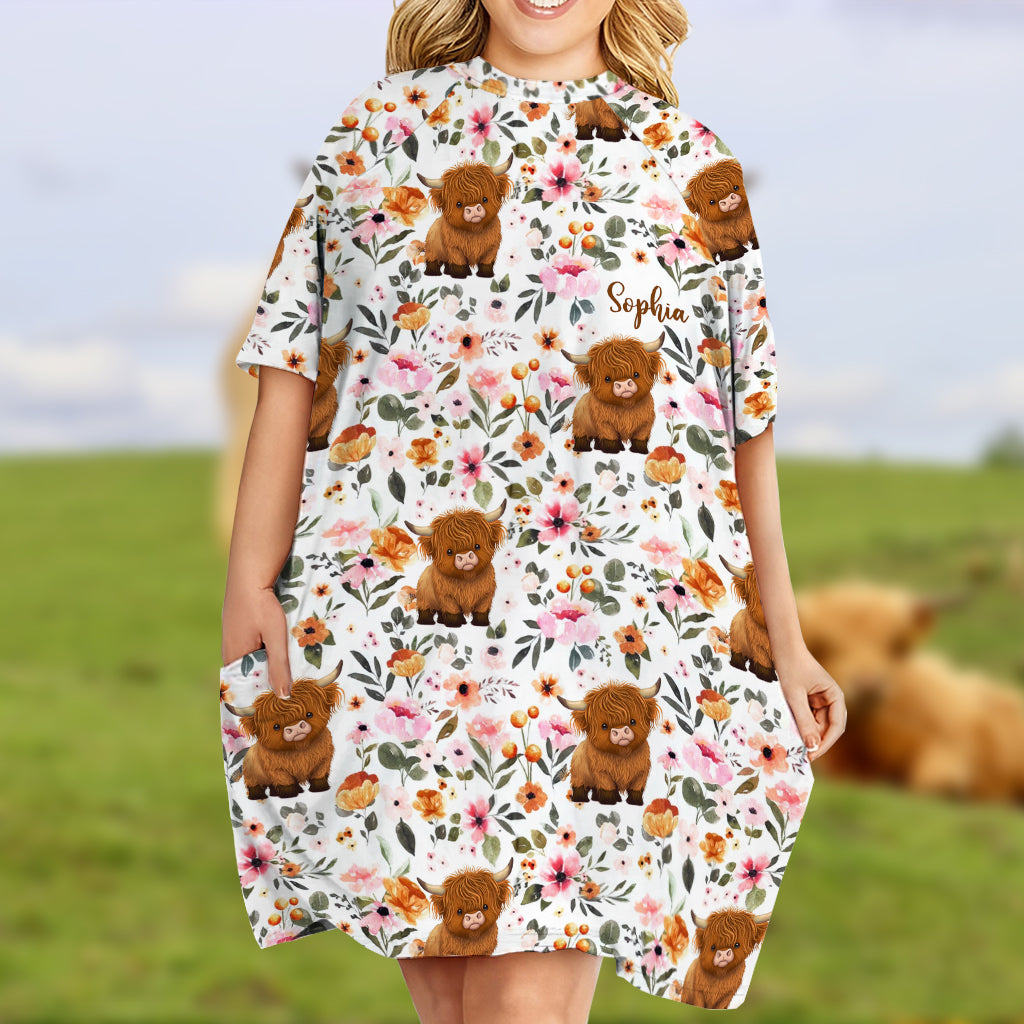 Floral Highland Cow - Personalized Highland Cow Sleep T-shirt Dress