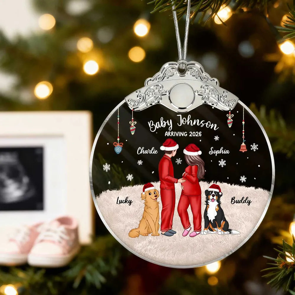 Personalized Silver Capped Glass Ornament for Expecting Parents with Pets, Cozy Christmas Keepsake, Unique Family Gift