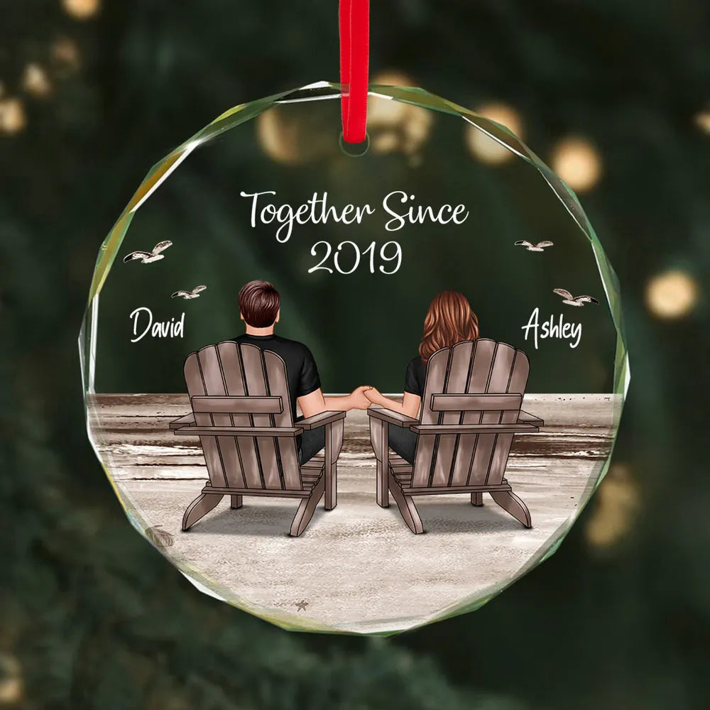 Crystal Ornament Personalized for Couples, Sitting Together at a Sunset Beach Scene, Romantic Keepsake Gift for Her