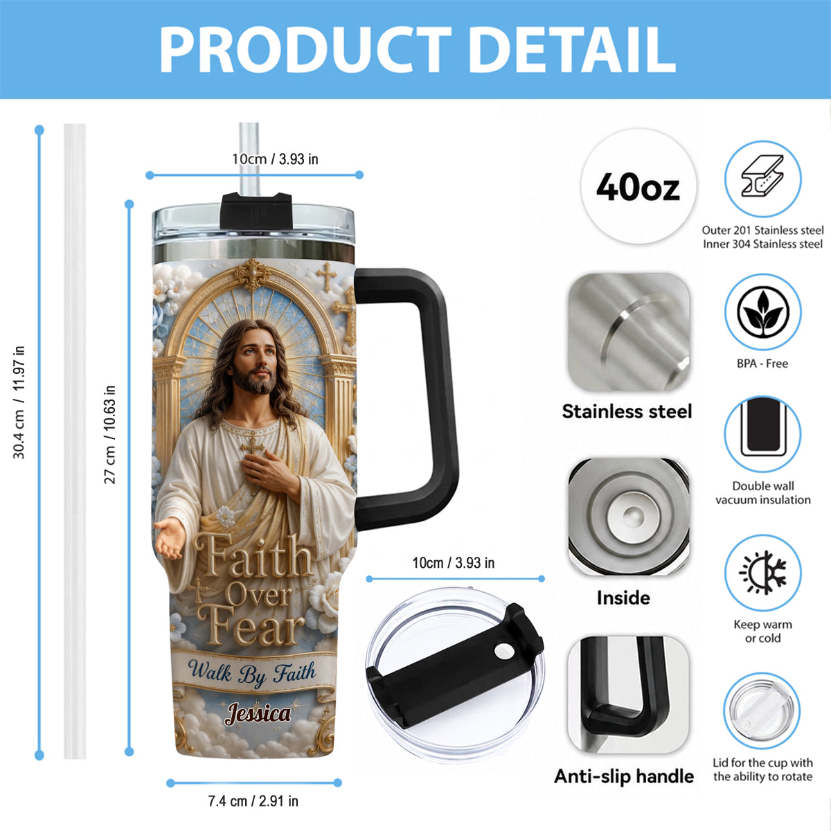 Faith Over Fear - Personalized Christian Tumbler With Plush Charm