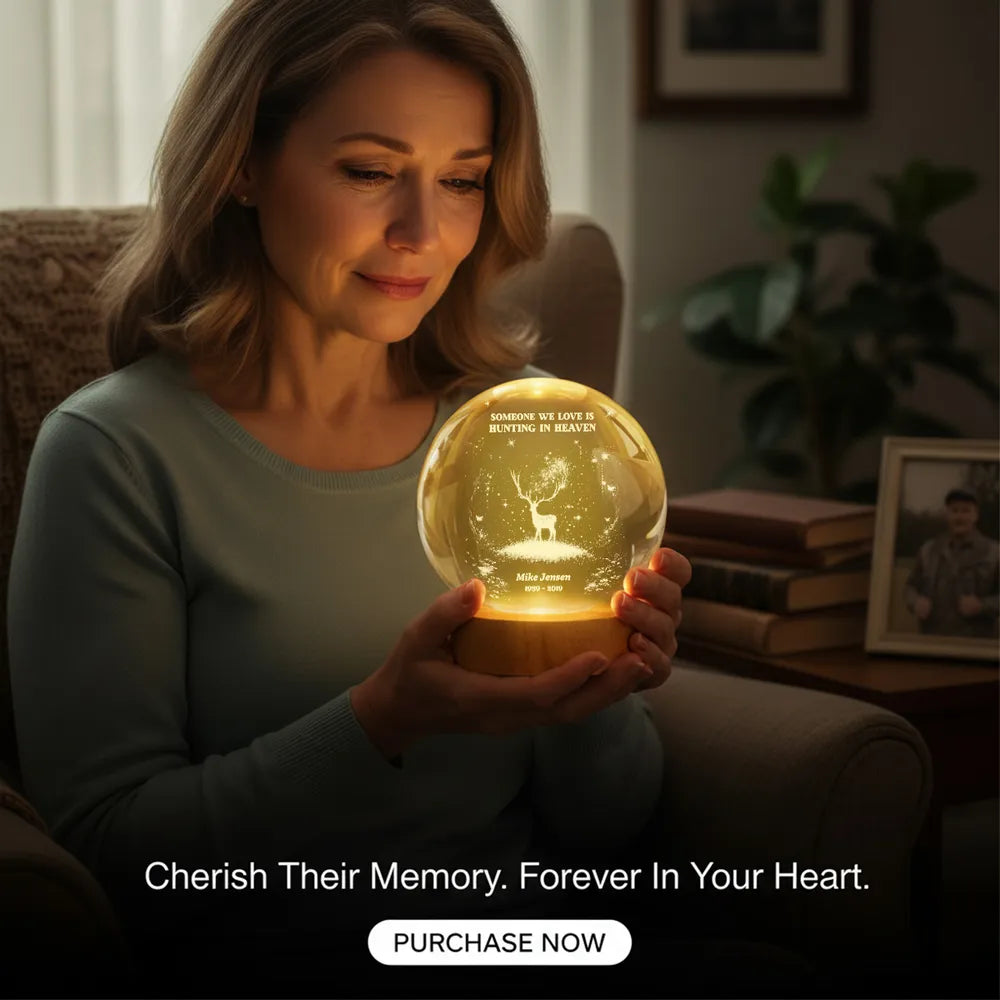 Personalized Crystal Ball LED Night Light Gone Hunting in Heaven Memorial Night Light, Unique Remembrance Gift
