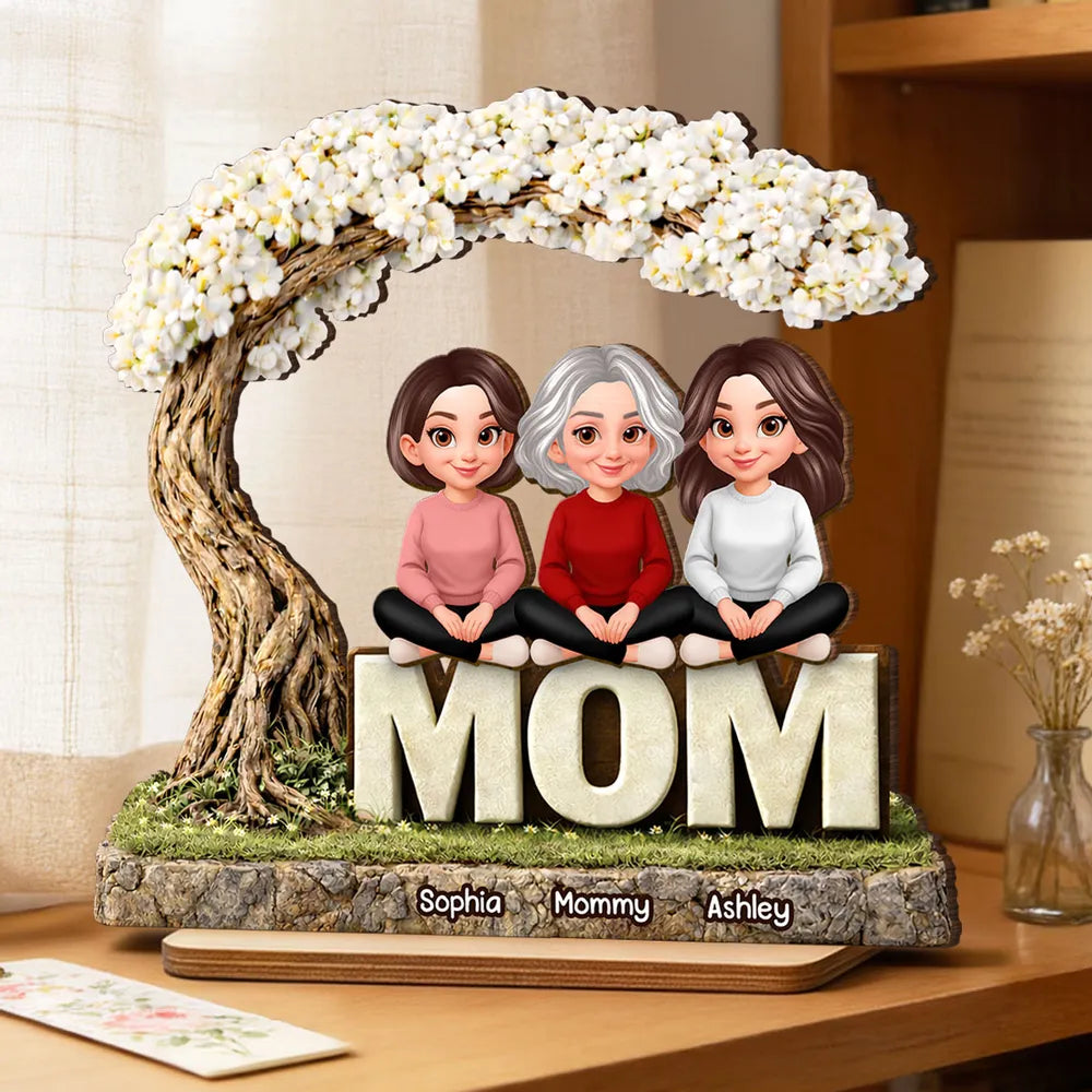 2-Layer Wooden Plaque Personalized Family Scene Under a Flowering Tree, Warm Home Display, Heartfelt Gift for Mom