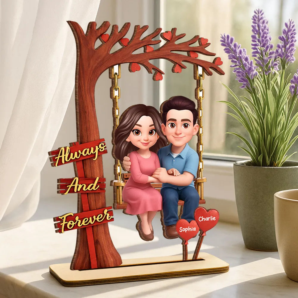 Personalized 2-Layer Wooden Plaque Couple on Swing Under Heart Tree, Always And Forever Romantic Unique Gift for Her or Him