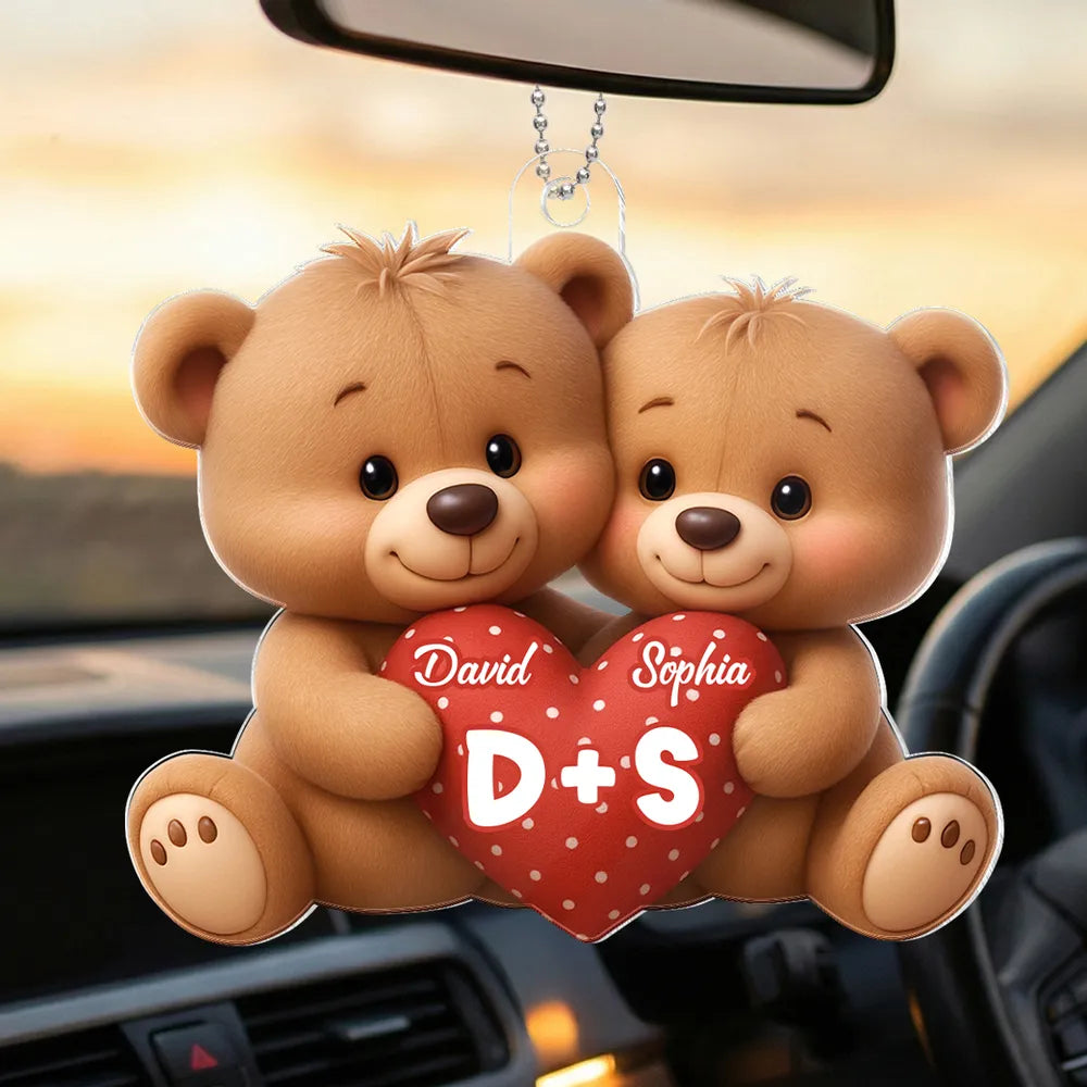 Personalized Bear Couple Acrylic Car Hanger Rearview Mirror Decor, Cute Heart Design, Unique Gift for Couples