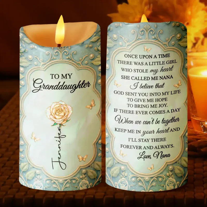 Personalized Flameless LED Candle for Granddaughter, Warm Glow Floral Butterfly Design, Unique Sentimental Gift
