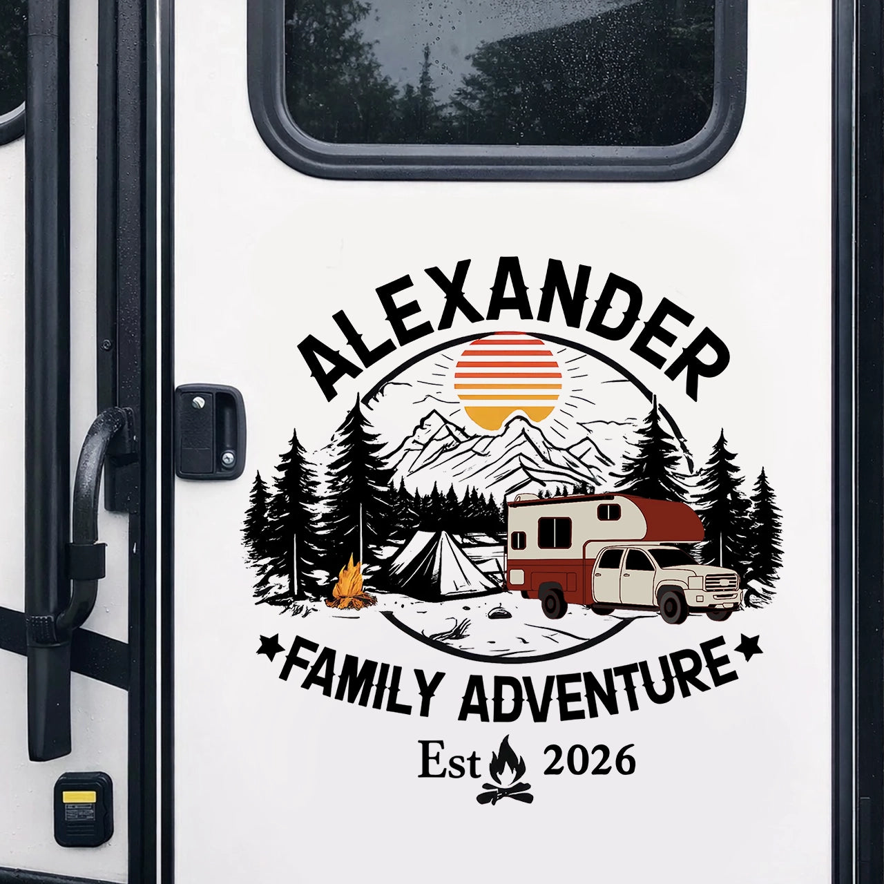 Personalized Family Adventure Sticker Decal for RV or Camper, Mountain Sunset Camping Scene, Unique Custom Gift