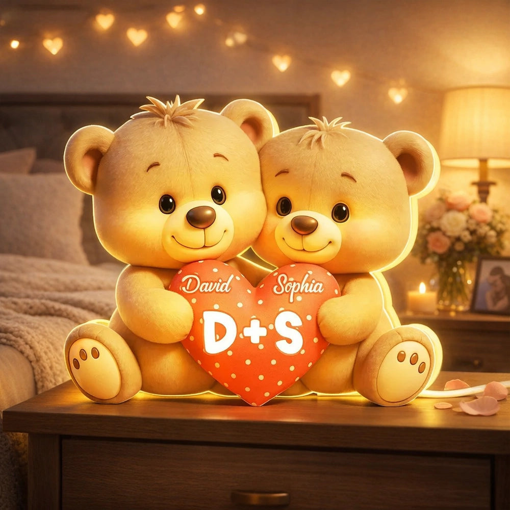Personalized Acrylic Light Box Cute Bear Couple Holding a Heart Bedroom Lamp with Warm Glow Unique Gift for Couples