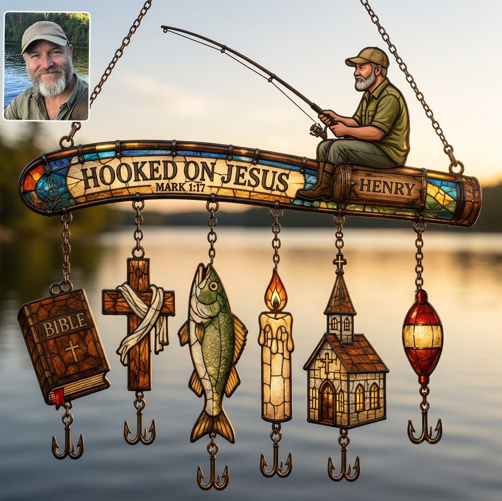 Hooked On God - Personalized Fishing Window Hanging Suncatcher With Custom Charms