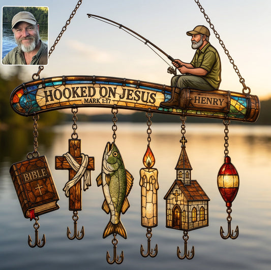 Hooked On God - Personalized Fishing Window Hanging Suncatcher With Custom Charms