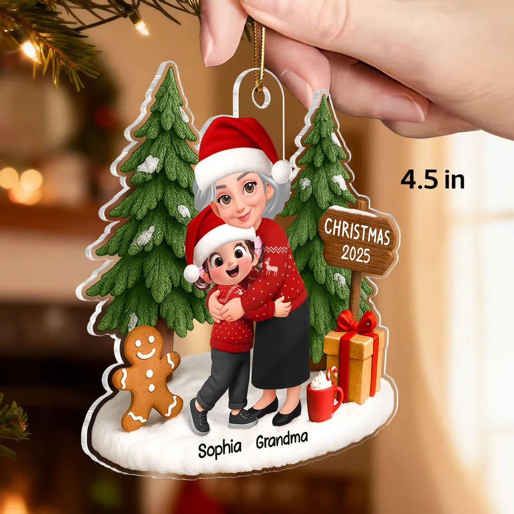 Acrylic Ornament Featuring Grandma & Granddaughter Hug, Christmas Tree Scene, Clear Print, Perfect Holiday Gift
