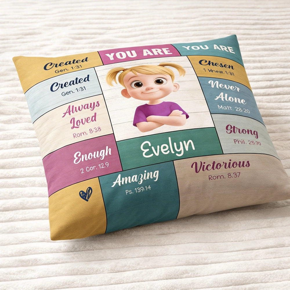Square Pillow with 'You Are' Bible Verse Affirmations, Bright Pastel Nursery Accent, Thoughtful Personalized Gift for Kids