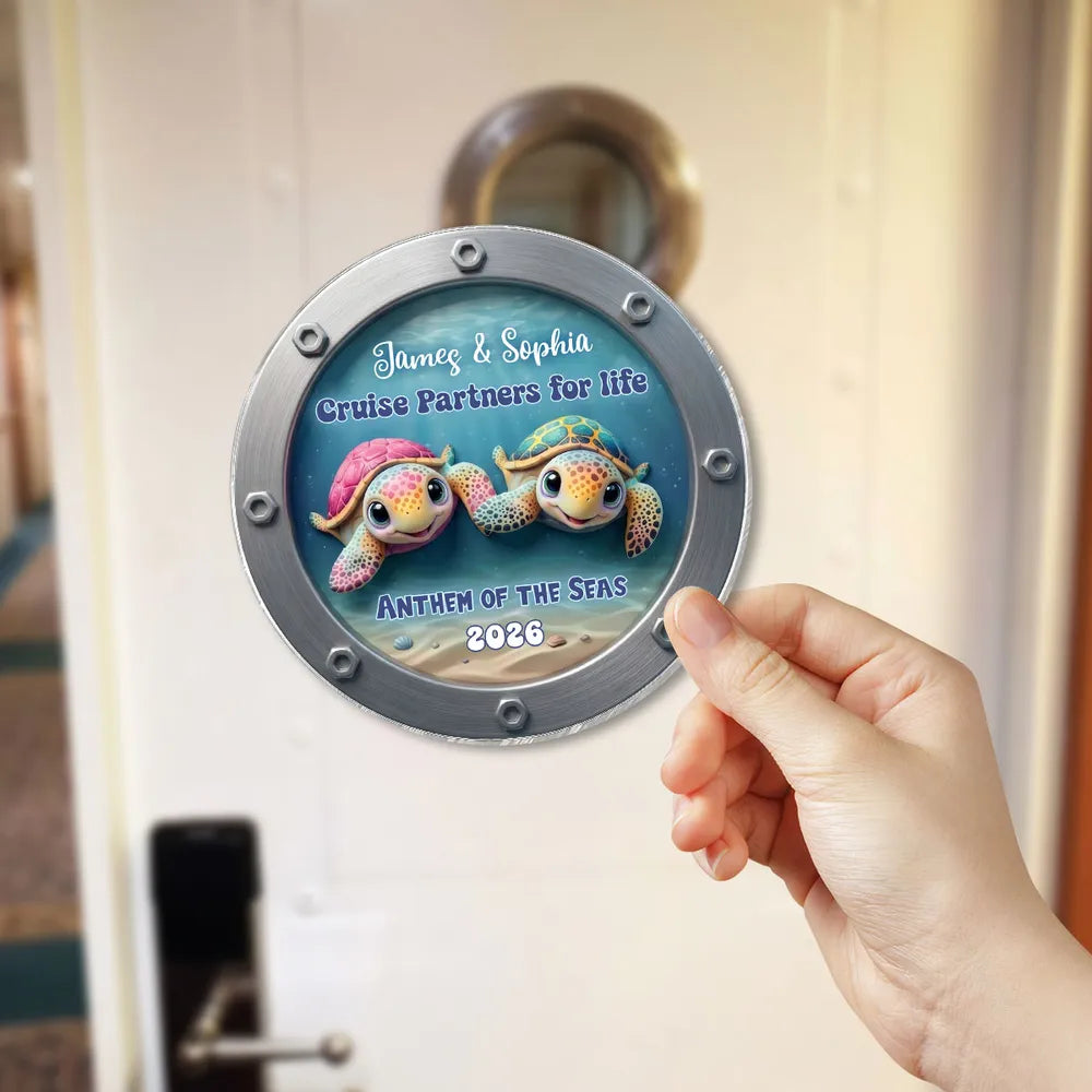 Acrylic Magnet Personalized for Cruise Partners, Colorful Turtle Porthole Design, Sweet Gift Idea for Wife or Husband