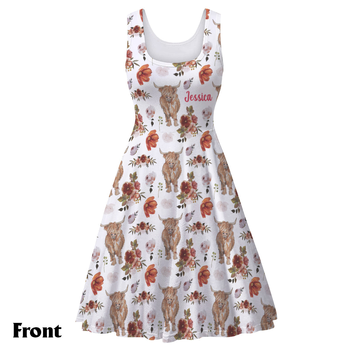 Floral Highland Cow - Personalized Highland Cow Sleeveless Dress