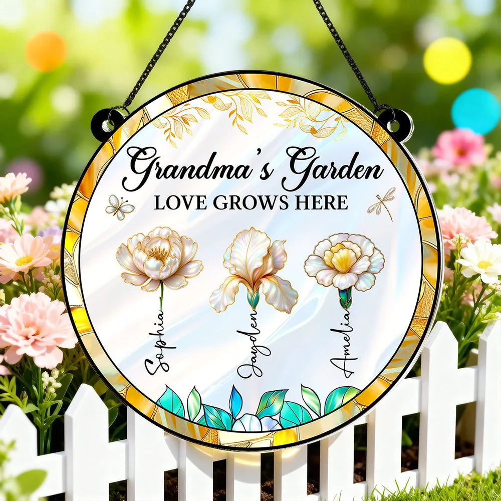 Personalized Acrylic Suncatcher Ornament – Grandma’s Garden “Love Grows Here”, thoughtful gift-ready keepsake for Grandma