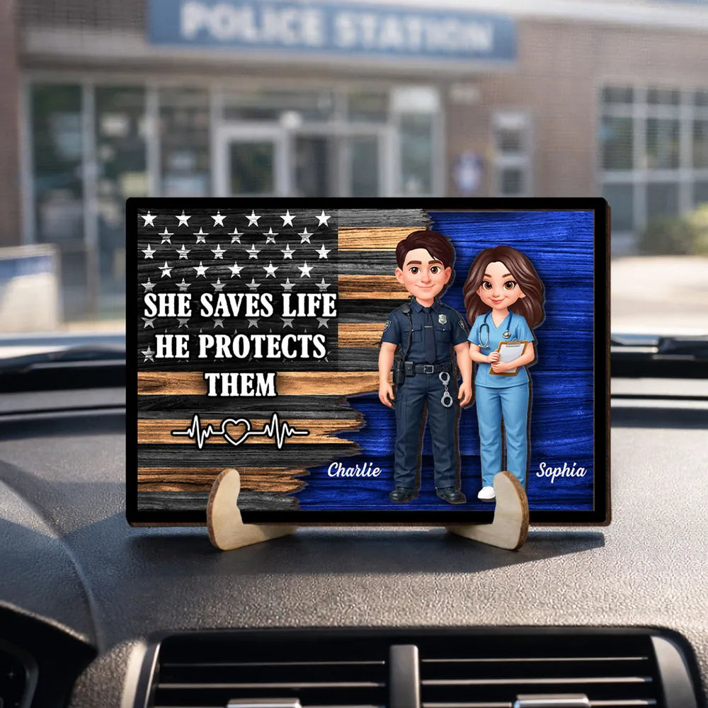 Personalized 2-Layer Wooden Plaque with Cute Cartoon Police Officer & Nurse on Thin Blue Line Flag - Unique Gift for Couples