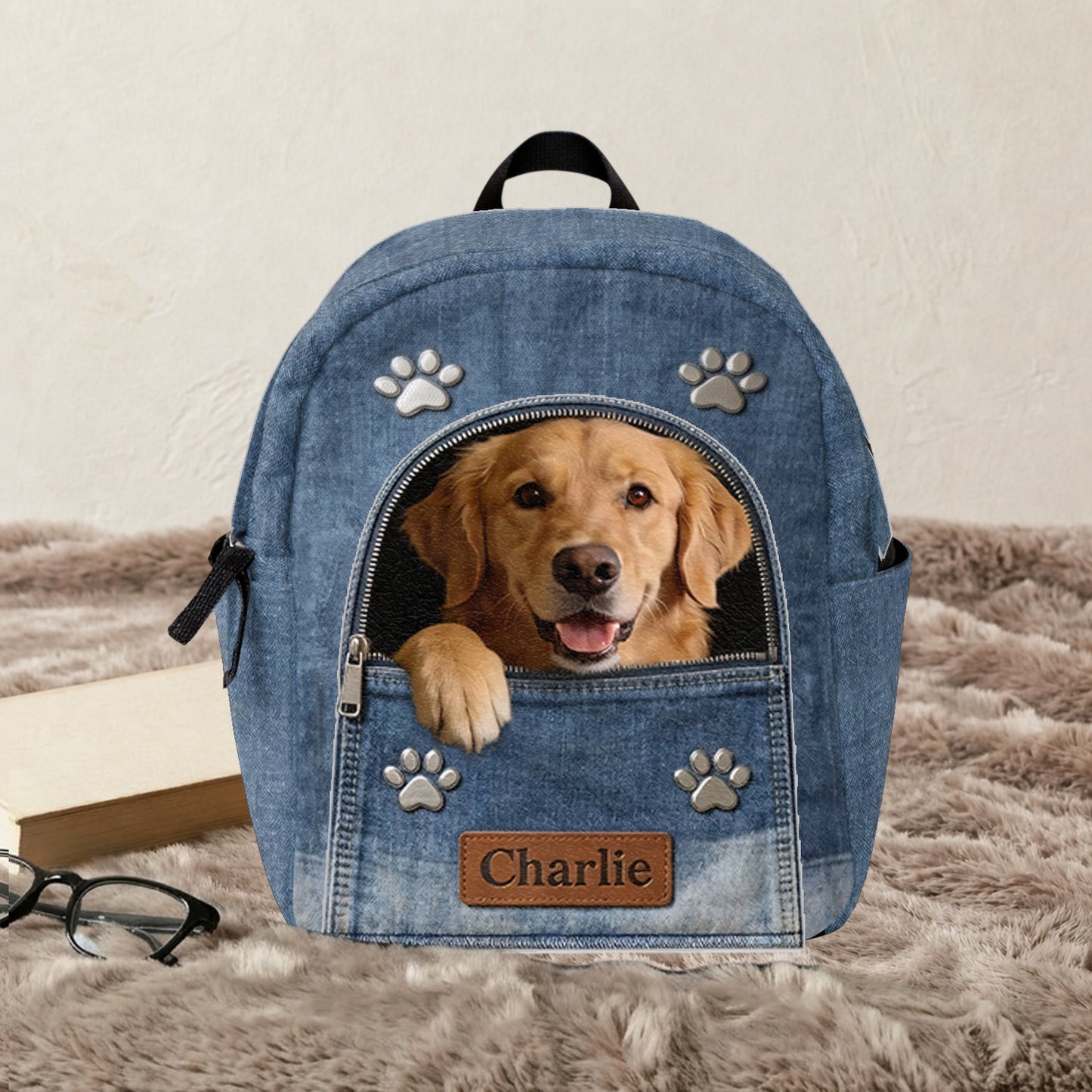 Any Photo Personalized Denim Dog Backpack - Personalized Dog Changeable Leather Patch Backpack