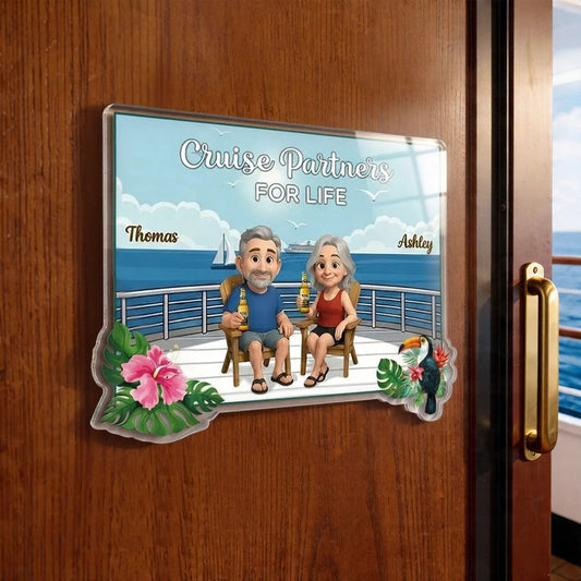 Personalized Acrylic Magnet Cruise Partners For Life Cartoon Couple on Deck, Unique Cruise Cabin Door Gift