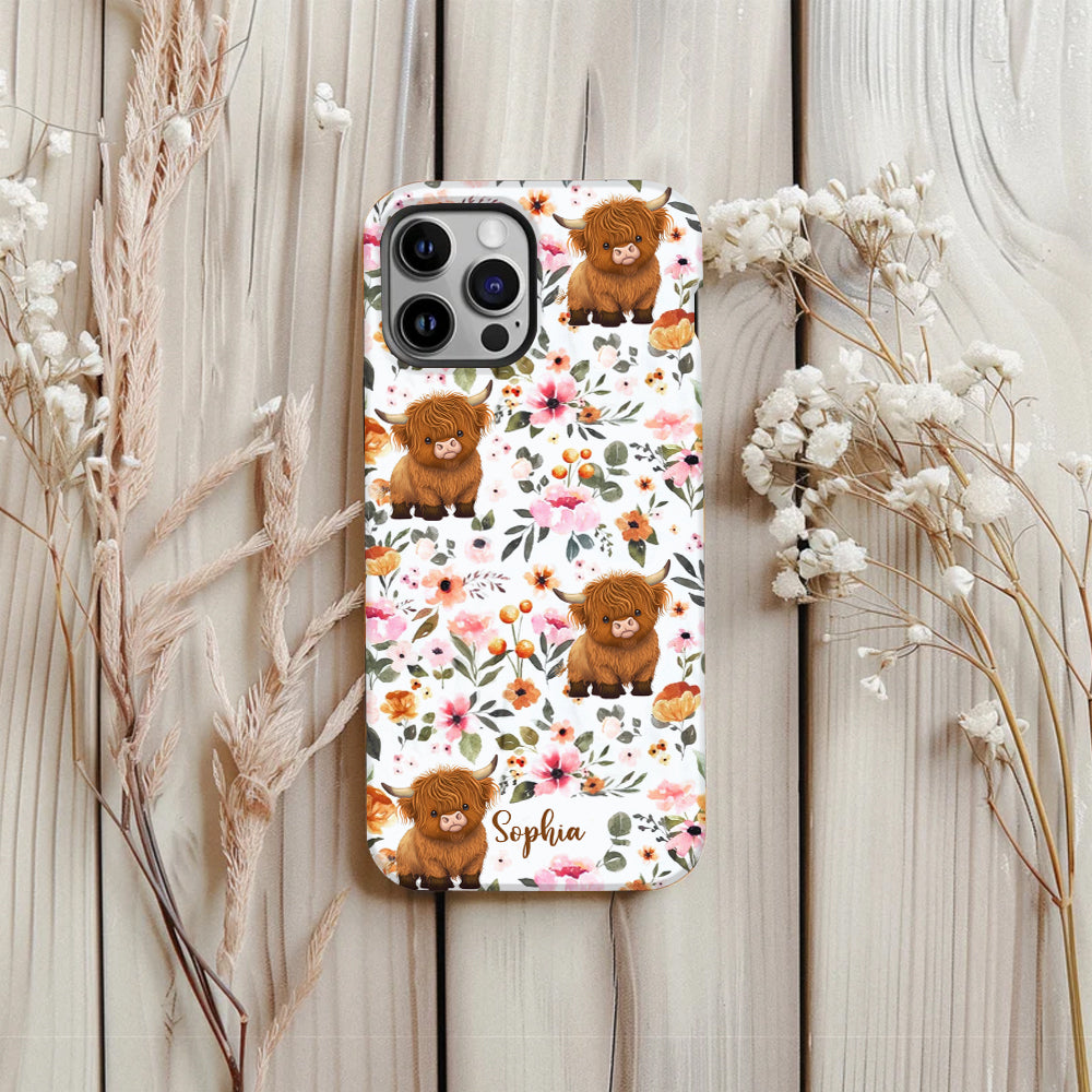 Floral Highland Cow - Personalized Highland Cow Full Print Phone Case