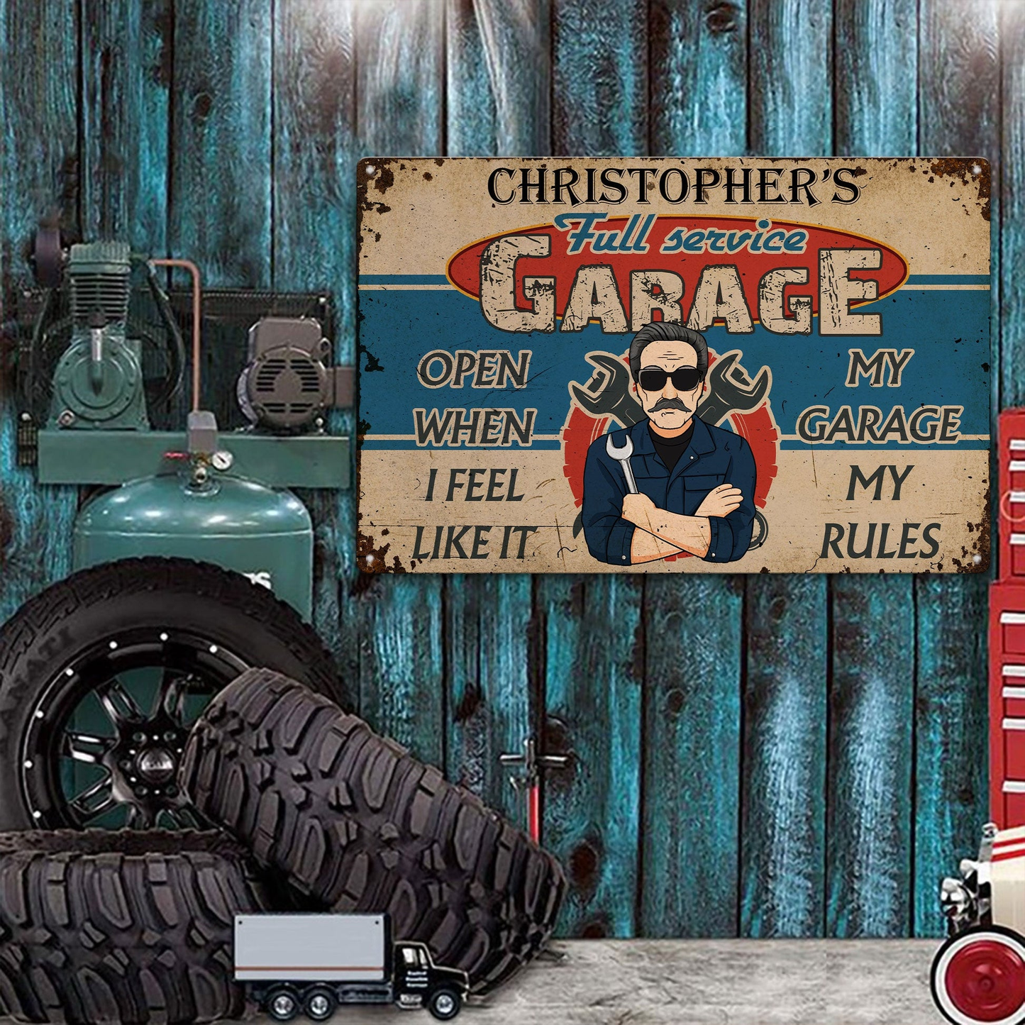 Personalized Rectangular Iron Sign, Retro Full Service Garage Cartoon Mechanic, My Garage My Rules, Unique Gift