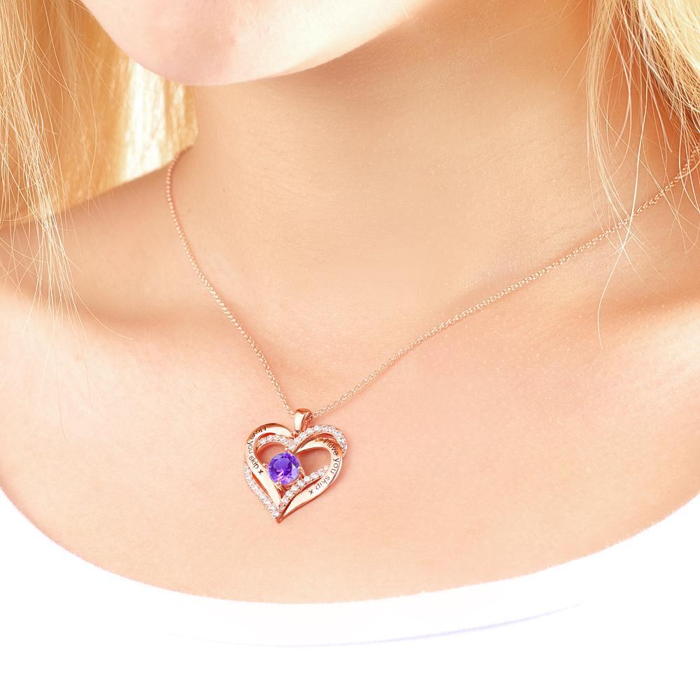 Double Heart - Personalized Couple Diamond Heart Pendant Necklace With Birthstone