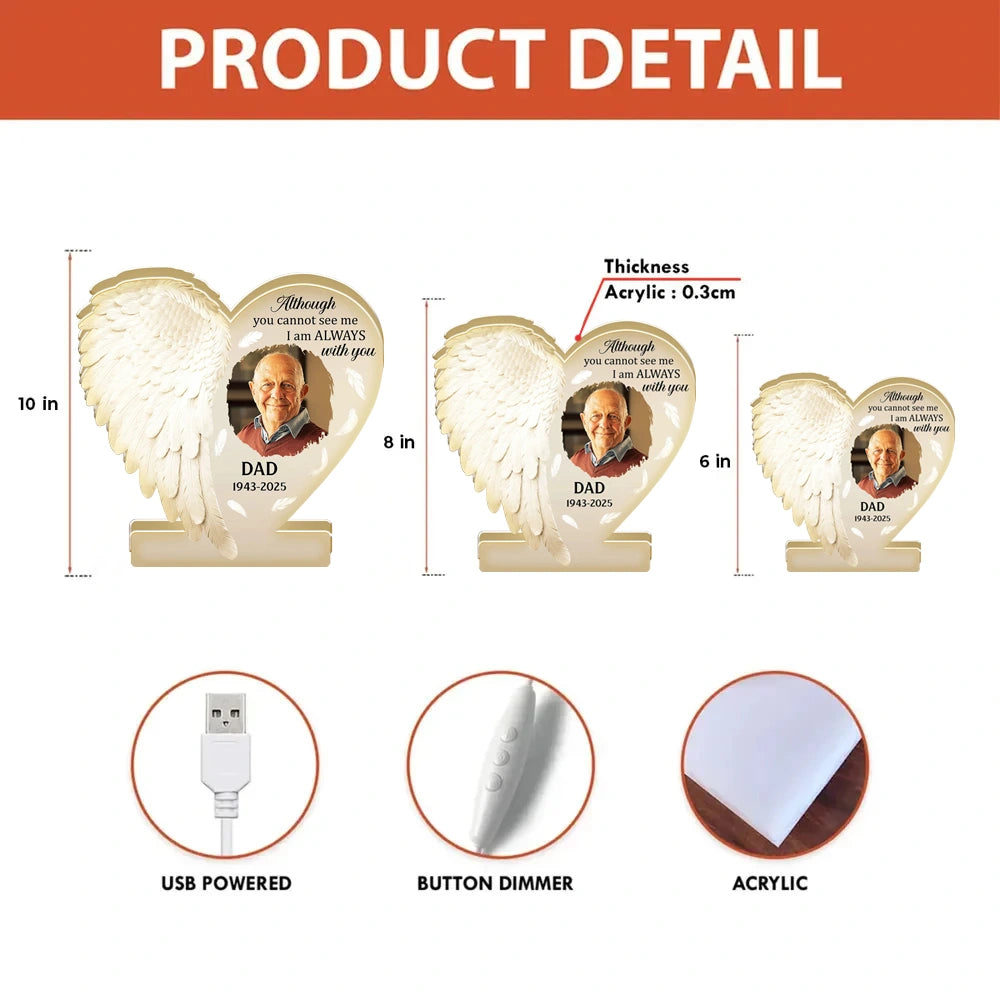 Personalized Acrylic Light Box Memorial for Dad with Angel Wings, Soft Warm Glow Keepsake, Unique Sympathy Gift
