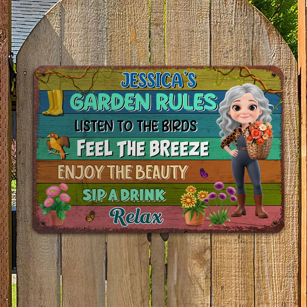 Garden Rules Custom Rectangular Iron Sign – Listen to the Birds, Feel the Breeze, Enjoy the Beauty – Gift for Garden Lovers