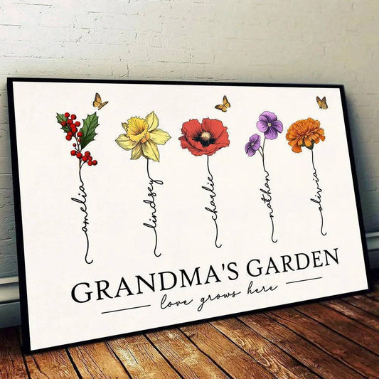 Grandma's Garden Love Grows Here Beautiful Birth Month Flower Gift For Grandma Mom Personalized Poster or Canvas, Keychain, Plaque, Wallet Card, Pillow