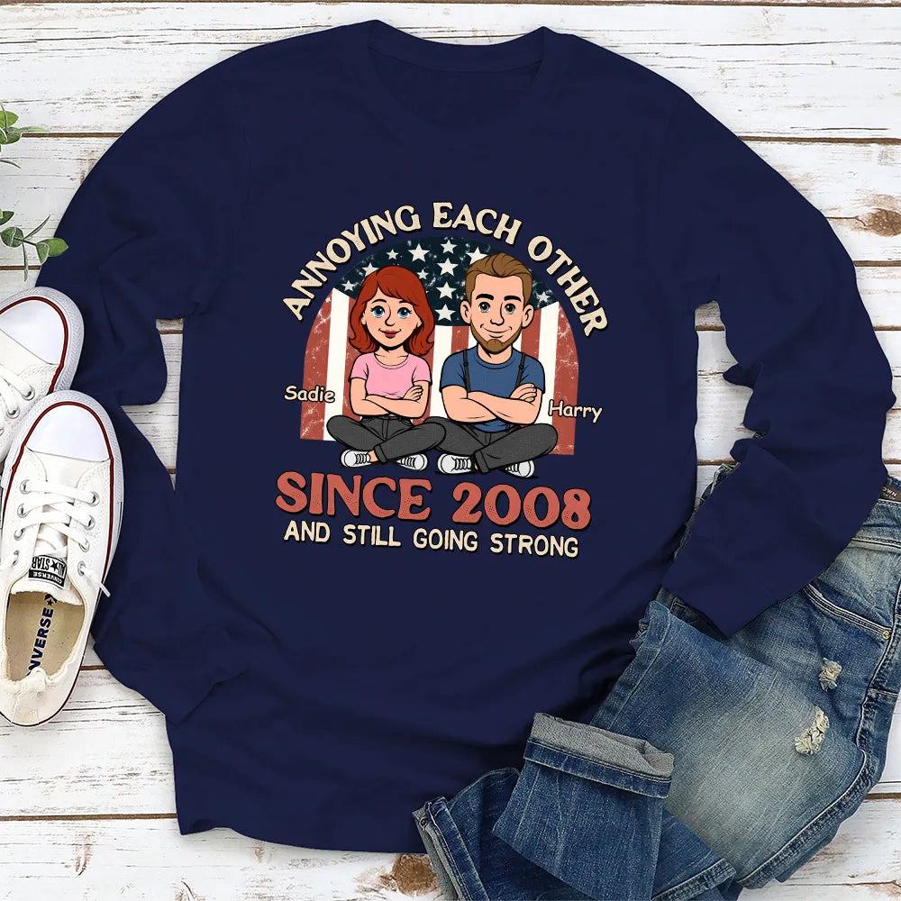 Personalized Classic Tee With Funny Couple Cartoon and USA Flag Backdrop - Unique Anniversary Gift