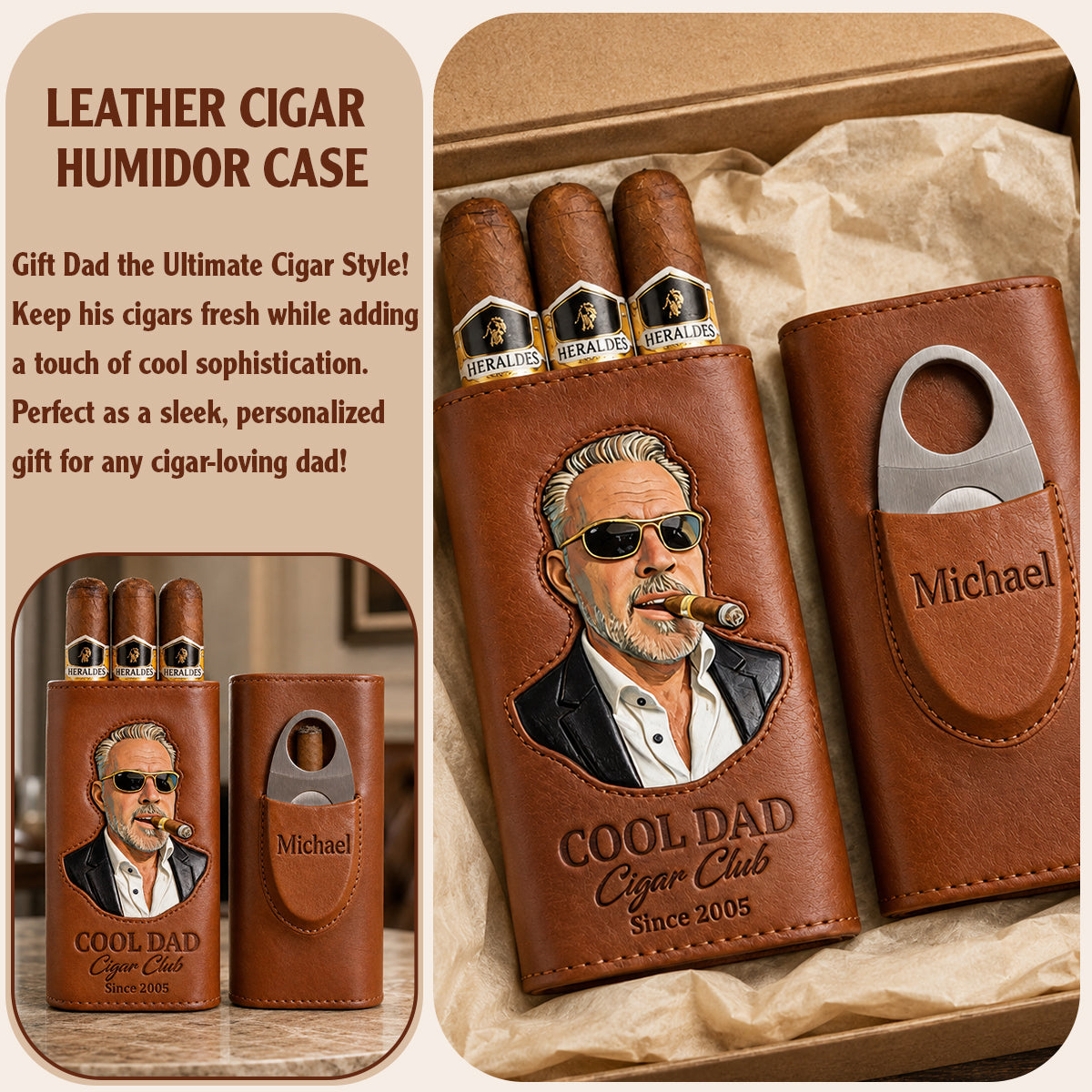Dad Loves Cigars - Personalized Father Leather Cigar Humidor Case