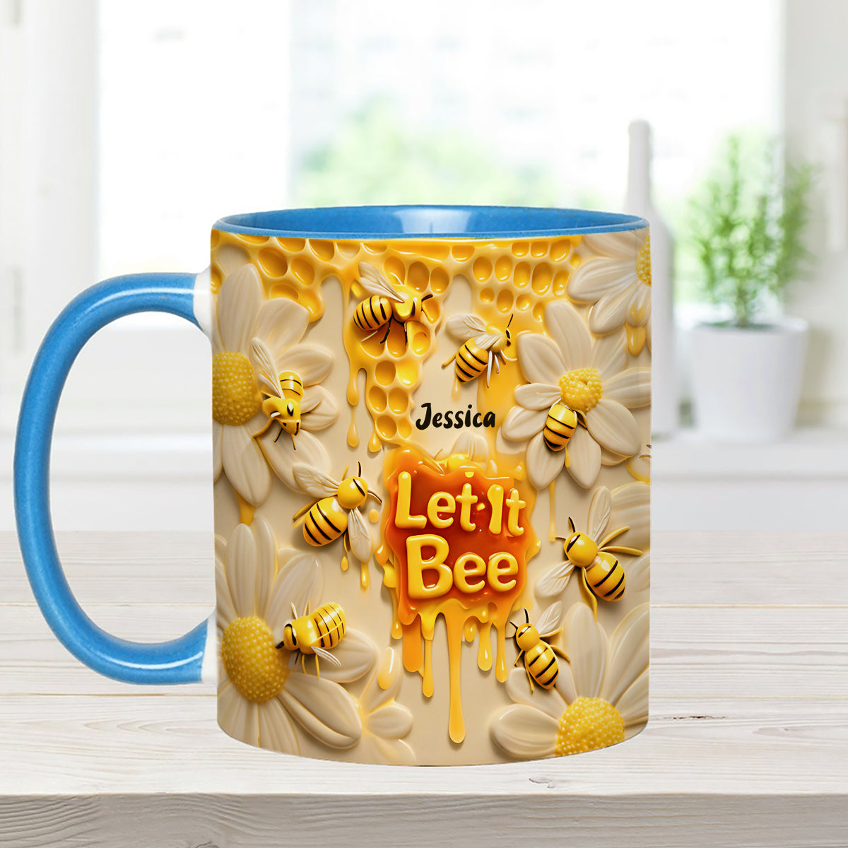 Let It Bee, Bee Flowers - Personalized Bee Set Accent Mug with Acrylic Stirrers