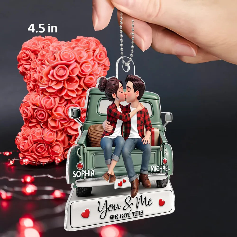 Personalized Acrylic Car Hanger Couple Kissing on a Truck, You & Me We Got This Mirror Decor, Unique Gift