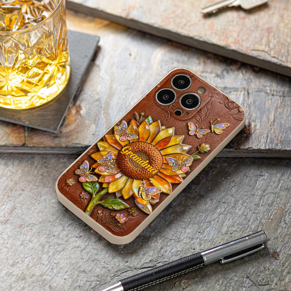 Grandma Sunflower - Personalized Grandma 3D Embossed Leather Phone Case
