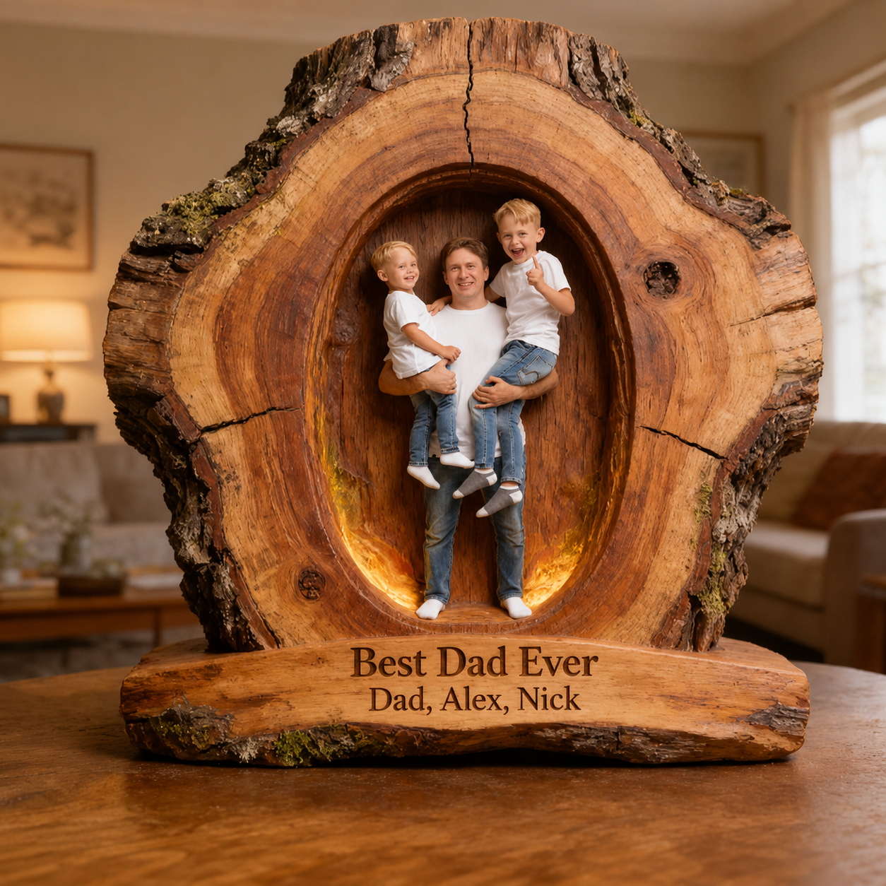 Custom Best Dad Ever Wood Log Figurine, Personalized Father and Son Carved Statue, Rustic Tabletop Decor Gift for Father's Day