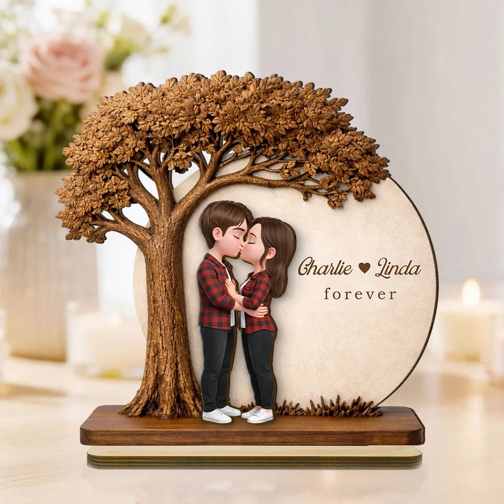 2-Layer Wooden Plaque Personalized Couple Love Tree Design Sweet Romantic Display for Bedroom or Living Room Unique Gift