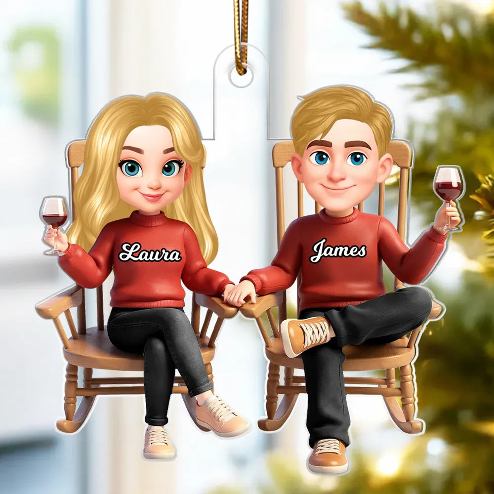 Personalized Acrylic Ornament Cartoon Couple Holding Hands in Rocking Chairs Unique Gift for Him & Her