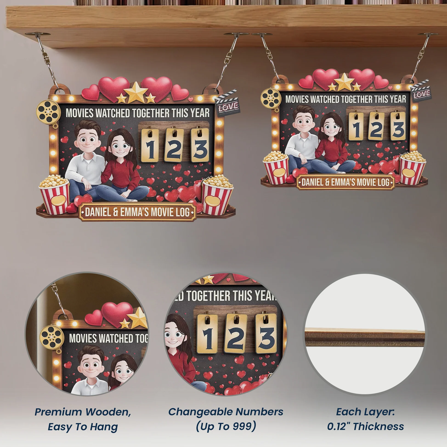 Movies Watched Together This Year Wooden Hanging Tracker, Cute Couple Movie Log Wall Decor, Creative Gift