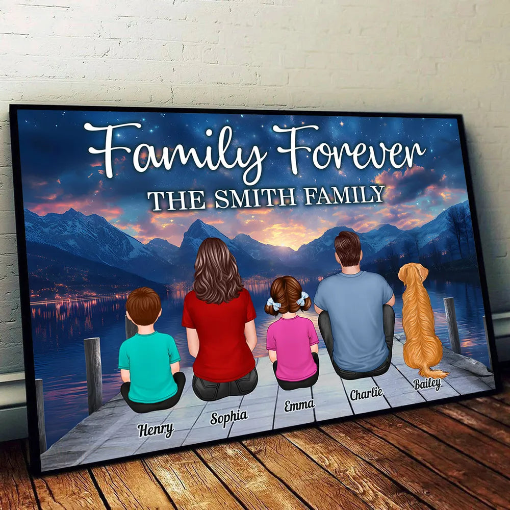 Custom Family Poster – “Family Forever” Back View with Names, Kids and Pets, Framed or Canvas Available