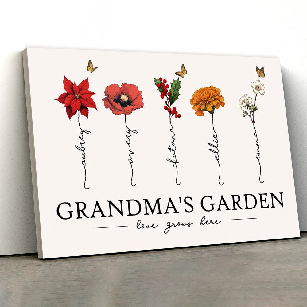 Grandma's Garden Love Grows Here Beautiful Birth Month Flower Gift For Grandma Mom Personalized Poster or Canvas, Keychain, Plaque, Wallet Card, Pillow